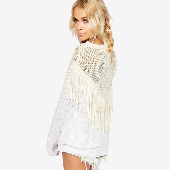 Wildfox Tawny Lucky Charm Sweater Small White Cream Fringe Western Coastal - Picture 4 of 4